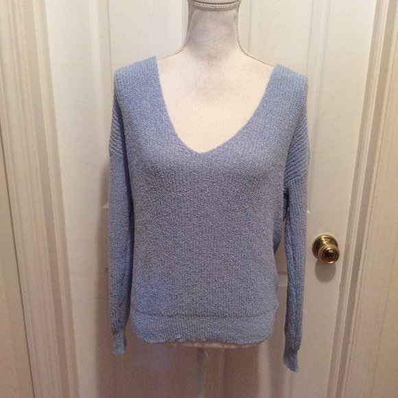 Line & Dot Sweater MP Light Blue Deep Twist Crossover Neck Long Sleeve - Picture 3 of 7
